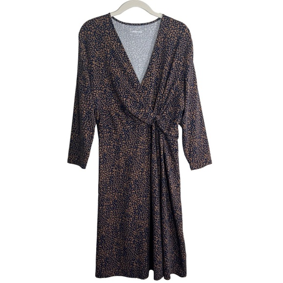 LANDS END Womens Stretch Knit Dress Faux Wrap Size Medium Comfy Soft Blue Tan - Picture 1 of 12